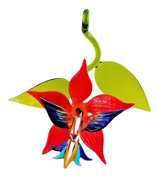 Kolibri in Blüte mit Blatt, hängend (Blüte:rot / Kolibri:braun-hellblau-blau)
